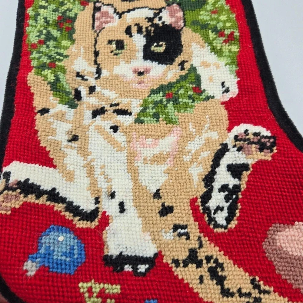 Calico Cat Needlepoint Christmas Stocking Black Velvet Personalized PATCHES 16